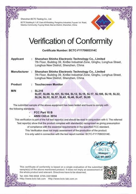 Porcellana Shenzhen Shinho Electronic Technology Co., Limited Certificazioni